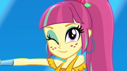 Size: 1280x718 | Tagged: safe, screencap, character:sour sweet, equestria girls:dance magic, g4, my little pony:equestria girls, cute, ear piercing, earring, jewelry, one eye closed, piercing, solo, sourbetes, wink