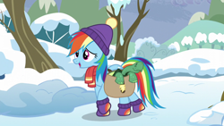 Size: 1280x720 | Tagged: safe, screencap, character:rainbow dash, character:tank, species:pony, episode:tanks for the memories, g4, my little pony: friendship is magic, snow, tree, winter