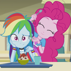 Size: 720x720 | Tagged: safe, screencap, character:pinkie pie, character:rainbow dash, episode:pinkie on the one, equestria girls:rainbow rocks, g4, my little pony:equestria girls, cute, diapinkes, food, fork, pasta, spaghetti, spoon