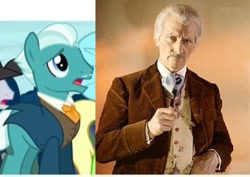 Size: 388x275 | Tagged: safe, screencap, species:human, species:pony, episode:appleoosa's most wanted, g4, my little pony: friendship is magic, background pony, clothing, comparison, doctor who, handsome, irl, necktie, peter cushing, photo, screenshots, tuxedo, unnamed pony, vest