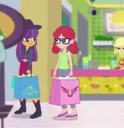 Size: 402x416 | Tagged: safe, screencap, character:applejack, character:captain planet, character:ginger owlseye, episode:shake things up!, eqg summertime shorts, g4, my little pony:equestria girls, alizarin bubblegum, background human, offscreen character