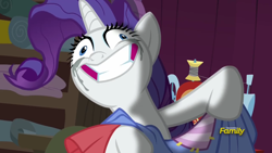 Size: 1920x1080 | Tagged: safe, screencap, character:rarity, species:pony, species:unicorn, episode:fame and misfortune, g4, my little pony: friendship is magic, creepy, creepy smile, crying, crying inside, derp, faec, grin, insanity, it begins, makeup, marshmelodrama, meme origin, nightmare fuel, rariderp, rarisnap, running makeup, smiling, solo, stress couture, why i'm creating a gown darling
