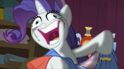 Size: 1669x933 | Tagged: safe, screencap, character:rarity, species:pony, episode:fame and misfortune, g4, my little pony: friendship is magic, crazy face, crying, derp, faec, insanity, it begins, marshmelodrama, meme origin, nightmare fuel, rariderp, rarisnap, solo, why i'm creating a gown darling