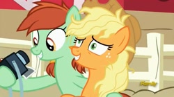 Size: 1662x932 | Tagged: safe, screencap, character:applejack, character:candy apples, species:pony, episode:fame and misfortune, g4, my little pony: friendship is magic, apple family member, camera