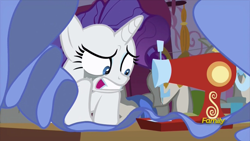Size: 914x514 | Tagged: safe, screencap, character:rarity, species:pony, episode:fame and misfortune, g4, my little pony: friendship is magic, marshmelodrama, solo, stress sewing