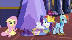 Size: 914x514 | Tagged: safe, screencap, character:fluttershy, character:rainbow dash, character:rarity, species:pony, episode:fame and misfortune, g4, my little pony: friendship is magic, and then there's rarity, discovery family logo, fetal position, fluttershy is not amused, looking down, marshmelodrama, messy mane, messy tail, pinpoint eyes, rocking, stress couture, unamused