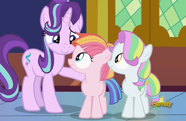 Size: 617x403 | Tagged: safe, screencap, character:coconut cream, character:starlight glimmer, character:toola roola, species:earth pony, species:pony, species:unicorn, episode:fame and misfortune, g4, my little pony: friendship is magic, animated, cute, female, filly, gif, glimmerbetes, group hug, hug, mare, roolabetes