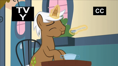 Size: 400x225 | Tagged: safe, screencap, character:mochaccino, character:rare find, species:pony, species:unicorn, episode:fame and misfortune, g4, my little pony: friendship is magic, acceptance, animated, apple, banana split, bowl, cute, eating, food, frown, gif, horses doing horse things, ice cream, levitation, lidded eyes, magic, male, puffy cheeks, shrug, smiling, solo, stallion, sundae, telekinesis, tv-y, wide eyes