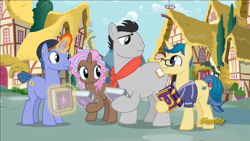 Size: 1920x1080 | Tagged: safe, screencap, character:butter up, character:cocoa candy, character:first edition, character:royal gambit, species:pony, episode:fame and misfortune, g4, my little pony: friendship is magic, discovery family logo, female, friendship journal, magic, male, mare, stallion, telekinesis