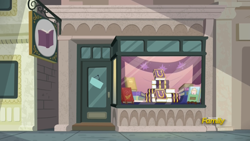 Size: 1920x1080 | Tagged: safe, screencap, episode:fame and misfortune, g4, my little pony: friendship is magic, background, book, bookstore, discovery family logo, friendship journal, manehattan, no pony