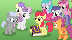 Size: 1920x1080 | Tagged: safe, screencap, character:alula, character:apple bloom, character:aura, character:chipcutter, character:pluto, character:ruby pinch, character:scootaloo, character:sweetie belle, character:tornado bolt, species:pegasus, species:pony, ship:sweetiebloom, episode:fame and misfortune, g4, my little pony: friendship is magic, cutie mark crusaders, discovery family logo, friendship journal, sweetiecutter, tornadoloo