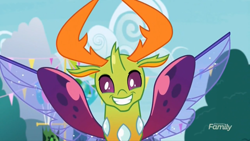 Size: 1920x1080 | Tagged: safe, screencap, character:thorax, species:changeling, species:reformed changeling, episode:triple threat, g4, my little pony: friendship is magic, cute, discovery family logo, faec, smiling, solo, spread wings, thorabetes, when he smiles, wings