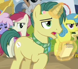 Size: 939x834 | Tagged: safe, screencap, character:dandy dispatch, character:lemon hearts, character:rainbowshine, character:roseluck, species:earth pony, species:pony, episode:fame and misfortune, g4, my little pony: friendship is magic, cropped, female, glowing horn, levitation, lidded eyes, magic, male, mare, necktie, notepad, pencil, raised hoof, reporter, stallion, telekinesis