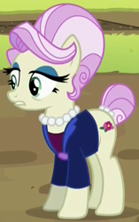 Size: 384x611 | Tagged: safe, screencap, species:earth pony, species:pony, episode:brotherhooves social, g4, my little pony: friendship is magic, blazer, clothing, coat, eyeshadow, female, jacket, jewelry, makeup, mare, necklace, pearl necklace, rosetta, shirt, solo