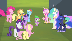Size: 1266x720 | Tagged: safe, screencap, character:applejack, character:fluttershy, character:pinkie pie, character:princess cadance, character:princess celestia, character:princess luna, character:rainbow dash, character:rarity, character:spike, character:twilight sparkle, character:twilight sparkle (alicorn), species:alicorn, species:dragon, species:pony, episode:equestria games, g4, my little pony: friendship is magic, jumping, laughing, lidded eyes, mane six, open mouth, princess luna is amused, smiling