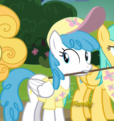 Size: 1020x1080 | Tagged: safe, screencap, character:sunshower raindrops, character:white lightning, species:pegasus, species:pony, episode:fame and misfortune, g4, my little pony: friendship is magic, background pony, baseball cap, cap, clothing, discovery family logo, female, flag, hat, mare, mouth hold, shirt, solo focus, t-shirt, team fluttershy