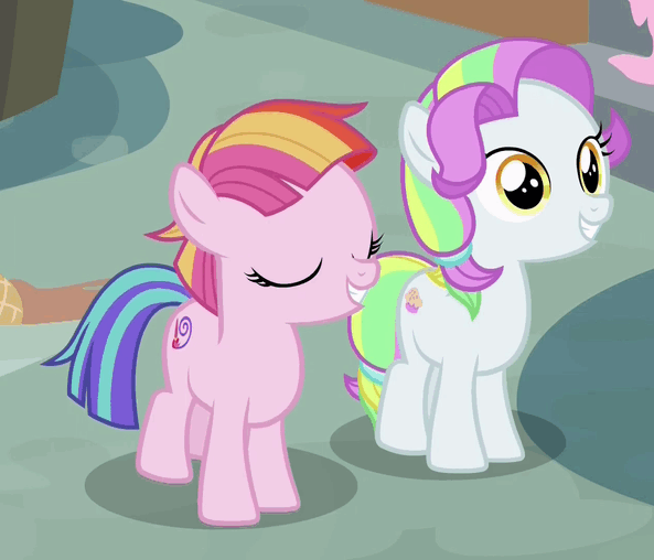 Size: 593x508 | Tagged: safe, screencap, character:coconut cream, character:toola roola, species:earth pony, species:pony, episode:fame and misfortune, g4, my little pony: friendship is magic, animated, cute, eye contact, eyes closed, female, filly, gif, grin, hug, looking at each other, open mouth, roolabetes, smiling