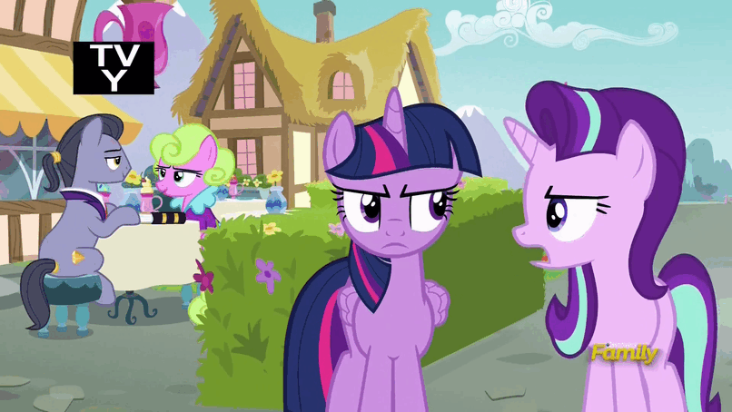 Size: 806x454 | Tagged: safe, screencap, character:daisy, character:diamond cutter, character:starlight glimmer, character:twilight sparkle, character:twilight sparkle (alicorn), species:alicorn, species:earth pony, species:pony, species:unicorn, episode:fame and misfortune, g4, my little pony: friendship is magic, animated, female, gif, male, mare, stallion, tv rating, tv-y