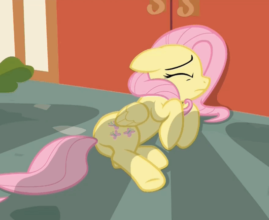 Size: 546x446 | Tagged: safe, screencap, character:fluttershy, species:pegasus, species:pony, episode:fame and misfortune, g4, my little pony: friendship is magic, animated, cornered, cowering, eyes closed, female, floppy ears, gif, mare, on the floor, out of context, plot, scared, shaking, shivering, side, solo focus, underhoof, woobie