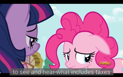 Size: 1920x1200 | Tagged: safe, screencap, character:pinkie pie, character:twilight sparkle, character:twilight sparkle (alicorn), species:alicorn, species:pony, episode:fame and misfortune, g4, my little pony: friendship is magic, meme, taxes, youtube caption
