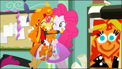 Size: 1280x720 | Tagged: safe, screencap, character:pinkie pie, character:sunset shimmer, episode:the art of friendship, eqg summertime shorts, g4, my little pony:equestria girls, duo, grin, happy, hug, pinkie's portrait, smiling