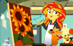 Size: 1245x784 | Tagged: safe, screencap, character:drama letter, character:sunset shimmer, character:watermelody, episode:the art of friendship, eqg summertime shorts, g4, my little pony:equestria girls, apron, clothing, meme origin, painting, sunflower, sunset's painting