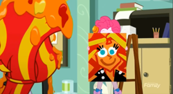 Size: 1464x797 | Tagged: safe, screencap, character:pinkie pie, character:sunset shimmer, episode:the art of friendship, eqg summertime shorts, g4, my little pony:equestria girls, apron, clothing, painting, pinkie's portrait, sunflower