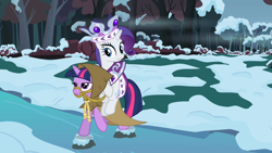 Size: 1280x720 | Tagged: safe, screencap, character:clover the clever, character:rarity, character:twilight sparkle, species:pony, species:unicorn, episode:hearth's warming eve, g4, my little pony: friendship is magic, and then there's rarity, bridle, cloak, clothing, forest, ponies riding ponies, princess platinum, river, snow, stream, tack