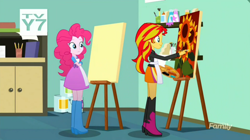 Size: 1278x718 | Tagged: safe, screencap, character:pinkie pie, character:sunset shimmer, episode:the art of friendship, eqg summertime shorts, g4, my little pony:equestria girls, apron, boots, brush, clothing, easel, paint, painting, shoes