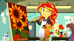 Size: 1278x717 | Tagged: safe, screencap, character:drama letter, character:sunset shimmer, character:velvet sky, character:watermelody, episode:the art of friendship, eqg summertime shorts, g4, my little pony:equestria girls, apron, brush, clothing, easel, paint, painting, sunflower, sunset's painting, velvet sky