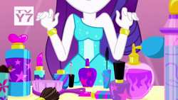 Size: 1280x720 | Tagged: safe, screencap, character:rarity, episode:make up shake up, eqg summertime shorts, g4, my little pony:equestria girls, atomizer, bracelet, breasts, brush, female, jewelry, lipstick, makeup, solo, tv-y7