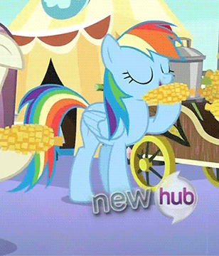 Size: 308x360 | Tagged: safe, screencap, character:fleur de verre, character:rainbow dash, species:crystal pony, species:pony, episode:the crystal empire, g4, my little pony: friendship is magic, animated, corn, eating, hoof hold, hub logo, hubble, stabilized, the hub