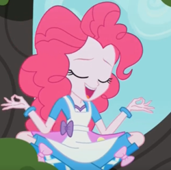 Size: 742x735 | Tagged: safe, screencap, character:pinkie pie, episode:the art of friendship, eqg summertime shorts, g4, my little pony:equestria girls, apron, clothing, eyes closed, lotus position, meditation, tree, zen