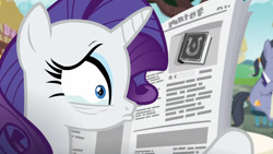 Size: 1920x1080 | Tagged: safe, screencap, character:rarity, species:pony, species:unicorn, episode:fame and misfortune, g4, my little pony: friendship is magic, about to cry, crying, female, friendship journal, mare, newspaper, review, this will end in tears, written equestrian