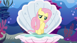 Size: 1920x1080 | Tagged: safe, screencap, character:fluttershy, species:pegasus, species:pony, episode:fame and misfortune, g4, my little pony: friendship is magic, birth of venus, classic art, coral, cute, female, flawless, mare, raised hoof, seaweed, shyabetes, smiling, song, the birth of venus, underwater, watershy