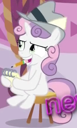 Size: 257x424 | Tagged: safe, screencap, character:sweetie belle, species:pony, species:unicorn, episode:ponyville confidential, g4, my little pony: friendship is magic, all new, animated, clothing, eyebrow wiggle, female, filly, gif, hat, mouth hold, pencil, sitting, stool, text