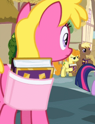 Size: 362x473 | Tagged: safe, screencap, character:carrot top, character:cherry berry, character:golden harvest, character:twilight sparkle, character:twilight sparkle (alicorn), species:alicorn, species:earth pony, species:pony, episode:fame and misfortune, g4, my little pony: friendship is magic, animated, background pony, bag, cough, cropped, female, friendship journal, gif, hoof hold, male, mare, saddle bag, stallion