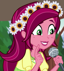 Size: 649x720 | Tagged: safe, screencap, character:gloriosa daisy, equestria girls:legend of everfree, g4, my little pony:equestria girls, cute, daisybetes, grin, happy, microphone, smiling, solo