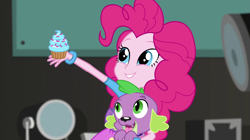 Size: 1280x718 | Tagged: safe, screencap, character:pinkie pie, character:spike, character:spike (dog), species:dog, equestria girls:movie magic, g4, my little pony:equestria girls, cupcake, food