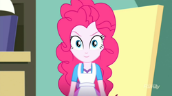 Size: 1278x718 | Tagged: safe, screencap, character:pinkie pie, episode:the art of friendship, eqg summertime shorts, g4, my little pony:equestria girls, >:), apron, clothing, easel, evil grin, happy, looking at you, smiling, smirk