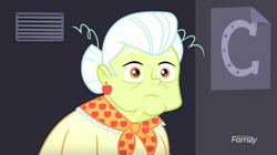 Size: 1278x718 | Tagged: safe, screencap, character:granny smith, episode:the art of friendship, eqg summertime shorts, g4, my little pony:equestria girls, bun, clothing, confused, ear piercing, earring, jewelry, lunchlady smith, piercing, scarf, thousand yard stare