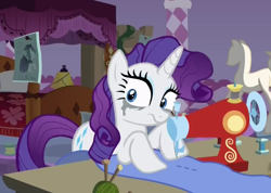 Size: 530x378 | Tagged: safe, screencap, character:rarity, species:pony, episode:fame and misfortune, g4, my little pony: friendship is magic, crying, frustrated, insanity, makeup, messy mane, running makeup, sewing, sewing machine, solo