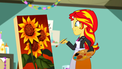 Size: 1280x720 | Tagged: safe, screencap, character:sunset shimmer, episode:the art of friendship, eqg summertime shorts, g4, my little pony:equestria girls, apron, brush, clothing, easel, happy, paint, painting, smiling, solo, sunflower, sunset's painting