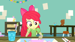 Size: 1280x720 | Tagged: safe, screencap, character:apple bloom, episode:the art of friendship, eqg summertime shorts, g4, my little pony:equestria girls, bow, drawing, female, marker, paintbrush, smiling, table