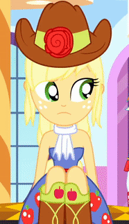Size: 186x323 | Tagged: safe, screencap, character:applejack, episode:make up shake up, eqg summertime shorts, g4, my little pony:equestria girls, animated, bare shoulders, eyeroll, fall formal outfits, gif, sleeveless, solo, strapless