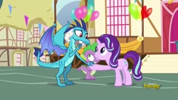 Size: 1920x1080 | Tagged: safe, screencap, character:princess ember, character:spike, character:starlight glimmer, species:dragon, episode:triple threat, g4, my little pony: friendship is magic, greeting, handshake, hoofshake, raised eyebrow