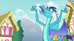Size: 1920x1080 | Tagged: safe, screencap, character:princess ember, species:dragon, episode:triple threat, g4, my little pony: friendship is magic, arms in the air, faec, frown, glare, open mouth, solo, spread wings, wings