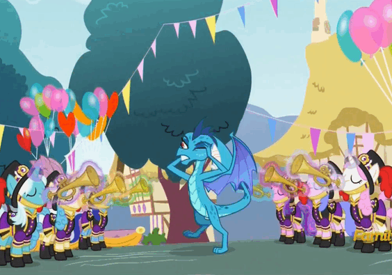 Size: 564x395 | Tagged: safe, screencap, character:clarion call, character:princess ember, character:twinkleshine, species:dragon, species:pony, species:unicorn, episode:triple threat, g4, my little pony: friendship is magic, angry, animated, background pony, balloon, clothing, cornetta, cropped, discovery family logo, female, gif, glowing horn, hat, levitation, loud noises, magic, magic aura, mare, misunderstanding, musical instrument, rawr, scared, surprised, surprised face, telekinesis, top hat, trumpet, uniform, unnamed character, unnamed pony, zip lines