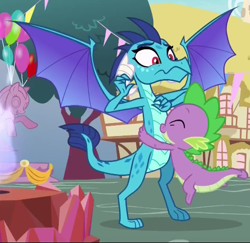 Size: 510x495 | Tagged: safe, screencap, character:princess ember, character:spike, species:dragon, episode:triple threat, g4, my little pony: friendship is magic, :s, awkward, female, hug, male, shipping fuel, shocked, wavy mouth