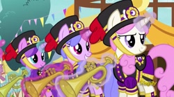 Size: 1365x767 | Tagged: safe, screencap, character:sea swirl, species:pony, species:unicorn, episode:triple threat, g4, my little pony: friendship is magic, background pony, clothing, female, glowing horn, hat, levitation, magic, mare, musical instrument, telekinesis, trumpet, uniform, unnamed pony